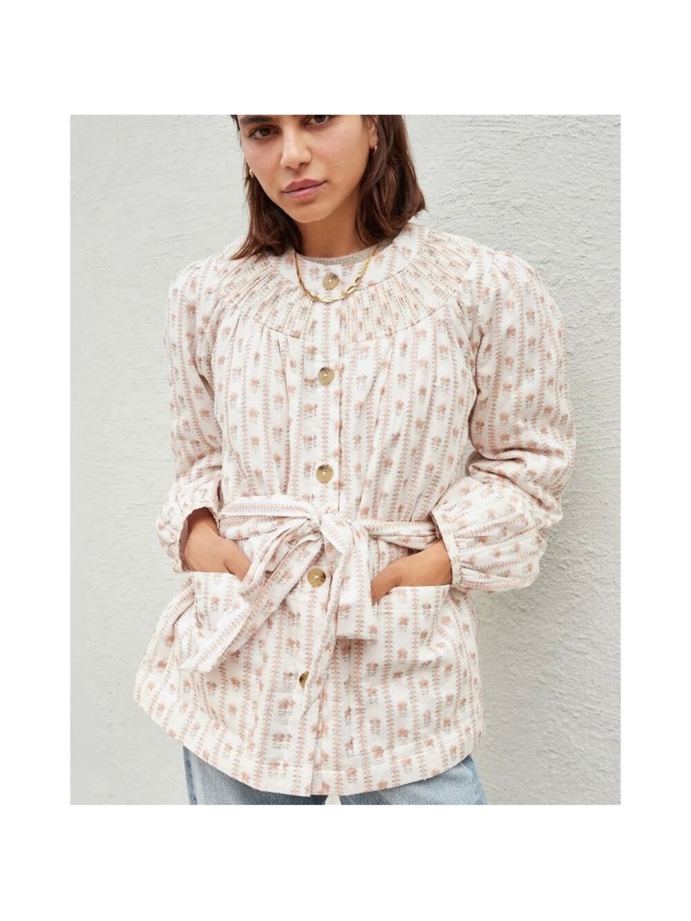 Loeffler Randall Cream and Light Pink Patterned Puffer Jacket